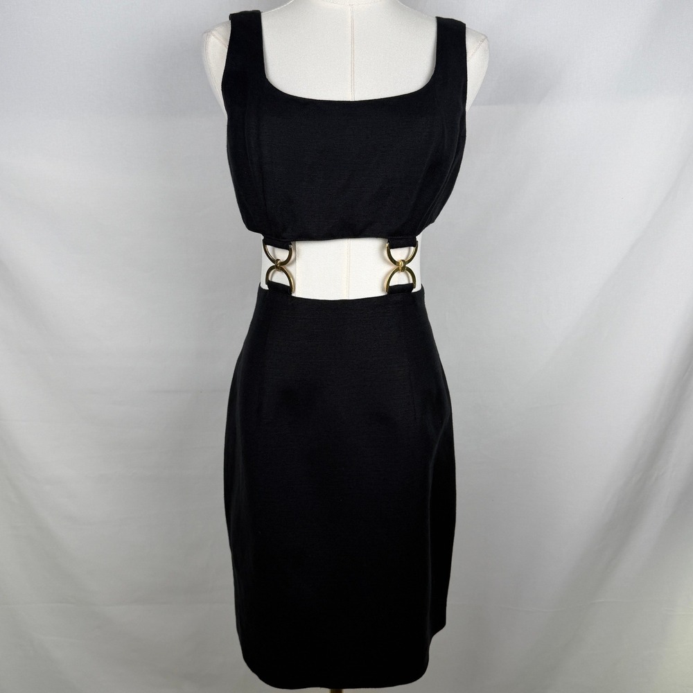Vintage 90s J. Harris Black Linen Blend Dress Gold Hardware Minimalist Slip 4